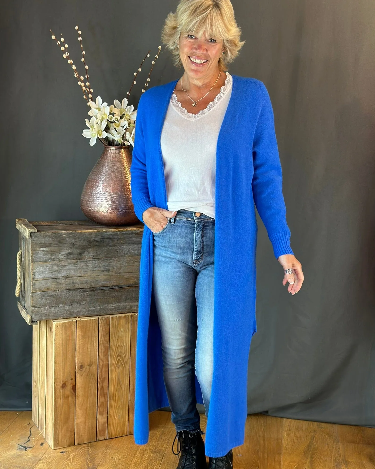 Fine Knit Long Cardigan - Cobalt Blue