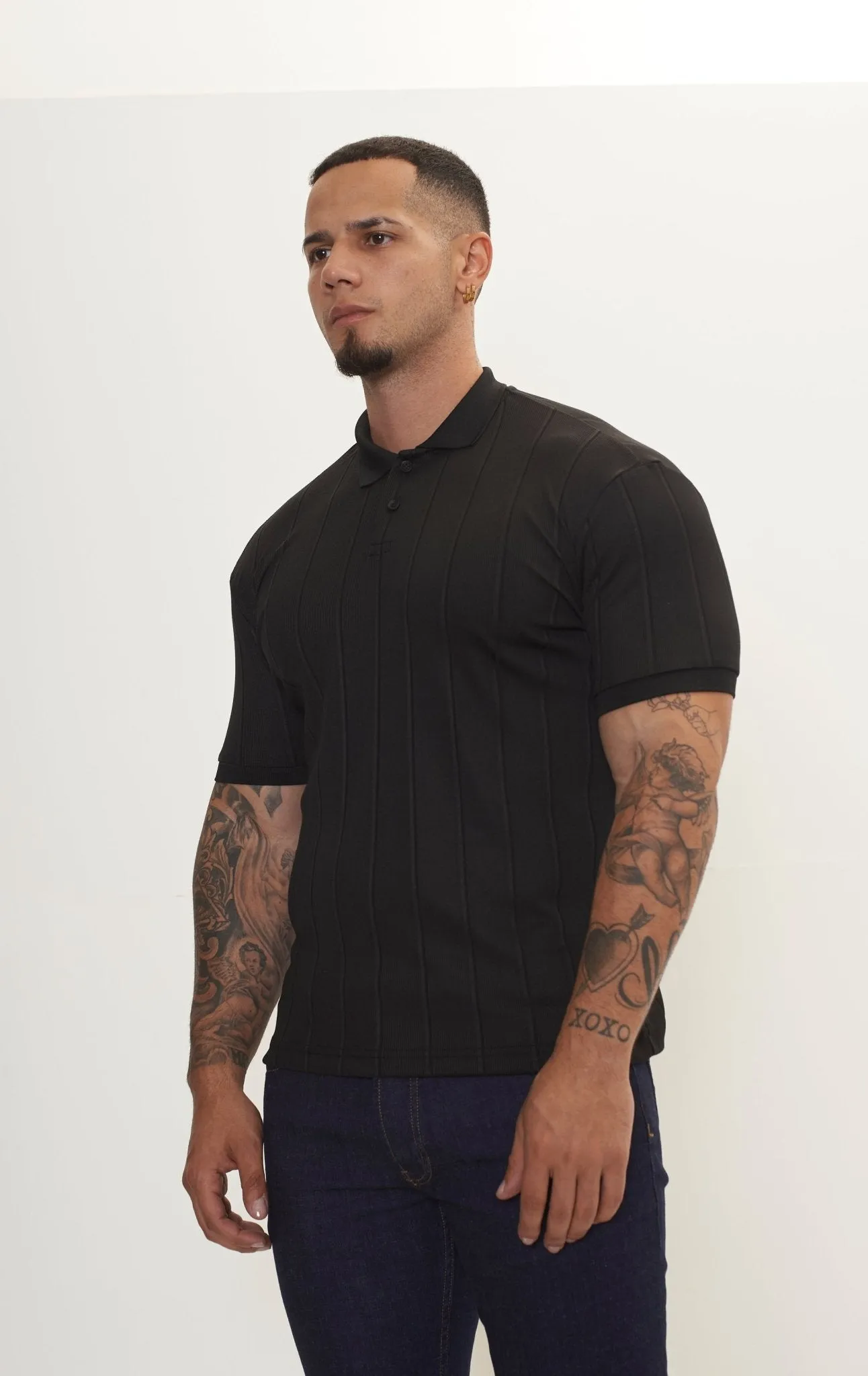 Fine Ribbed Polo Shirt - Black