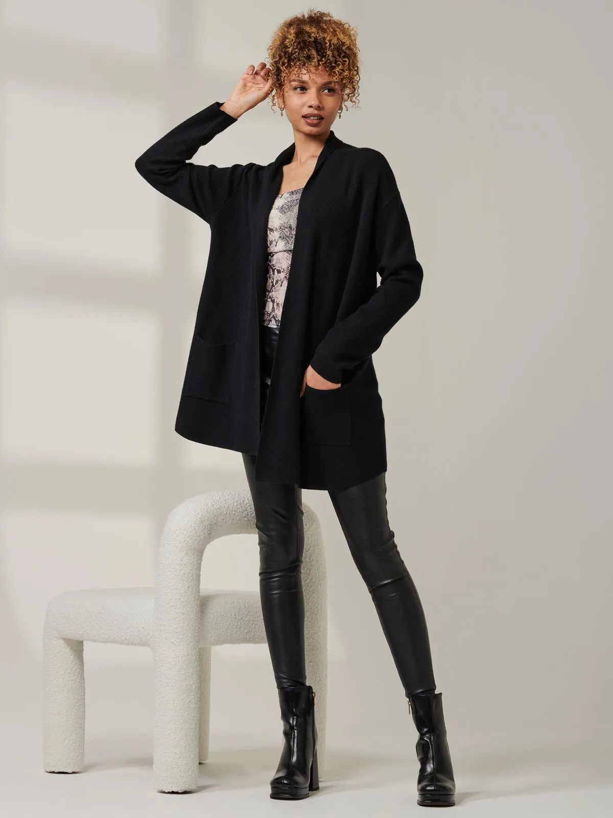 Folded Collar Fine Knit Cardigan, Black