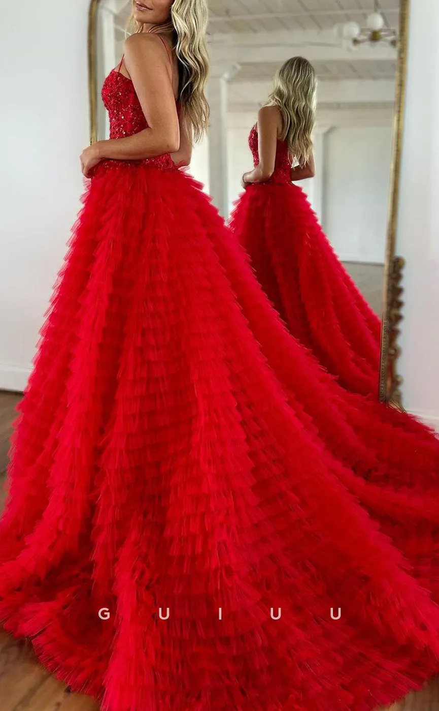 G2776 - Chic & Modern A-Line Ball Gown Sequins Straps Red Prom Evening Dress