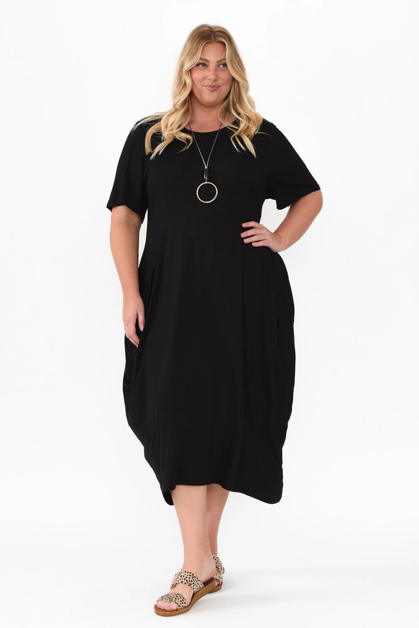 Glenda Black Short Sleeve Crescent Dress