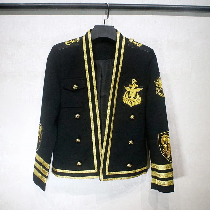 Gold Lines and Embroidery Badges Performer Style Men Black Blazer