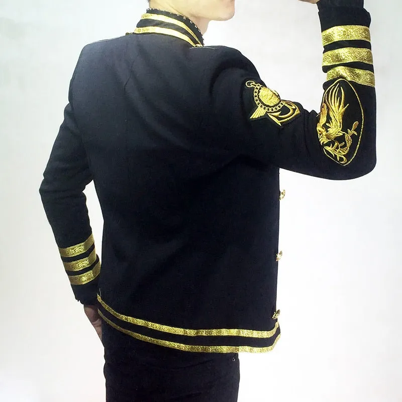 Gold Lines and Embroidery Badges Performer Style Men Black Blazer