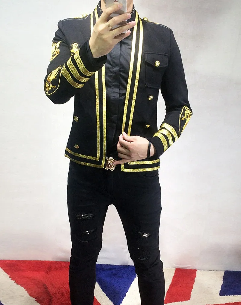 Gold Lines and Embroidery Badges Performer Style Men Black Blazer