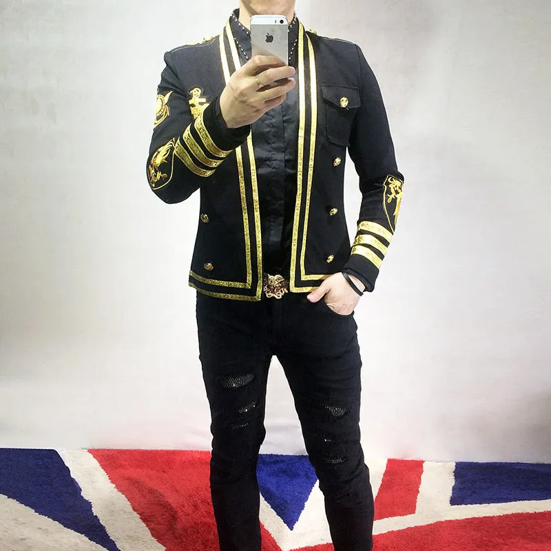 Gold Lines and Embroidery Badges Performer Style Men Black Blazer