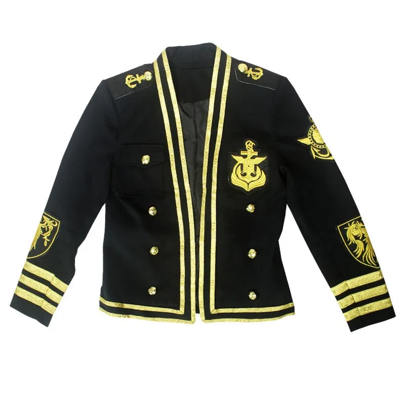 Gold Lines and Embroidery Badges Performer Style Men Black Blazer