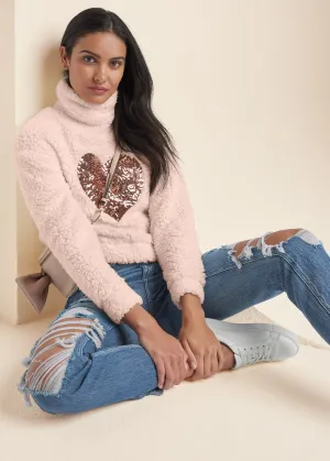 Heart Sherpa Sweatshirt  - Peach Blush