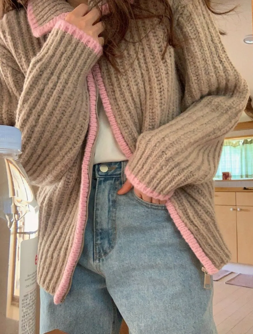 Heaven Zipper Knitted Striped Cardigan