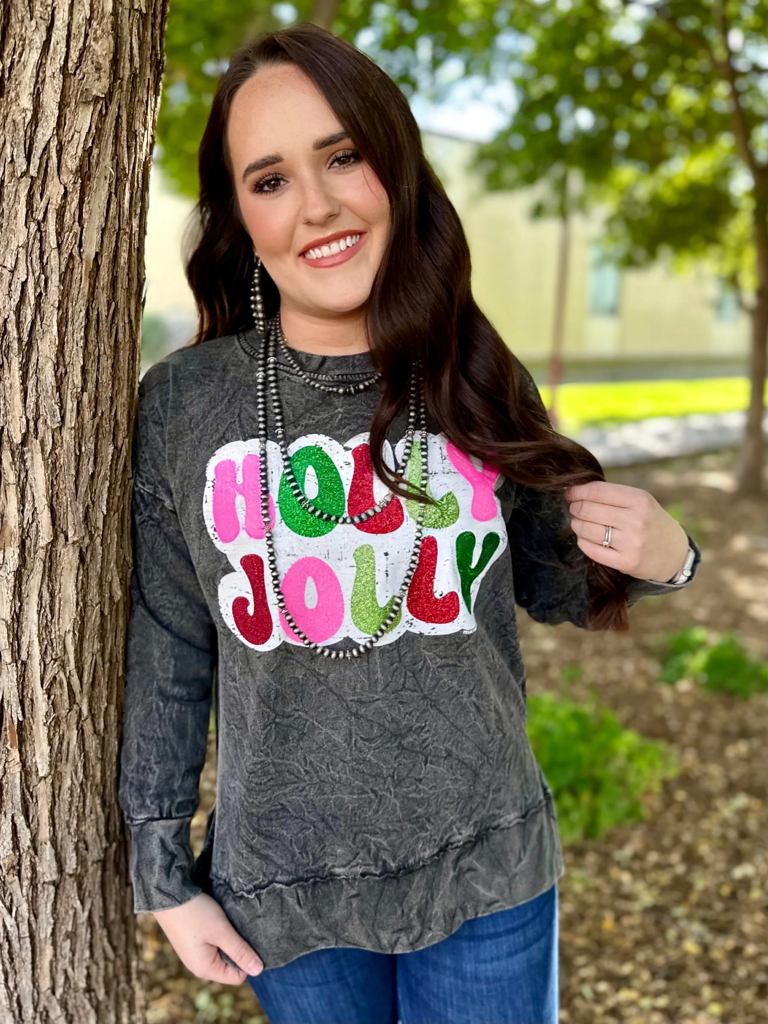 Holly Jolly in Glitter on Black Mineral Wash Sweatshirt by Texas True Threads