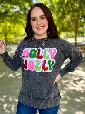 Holly Jolly in Glitter on Black Mineral Wash Sweatshirt by Texas True Threads