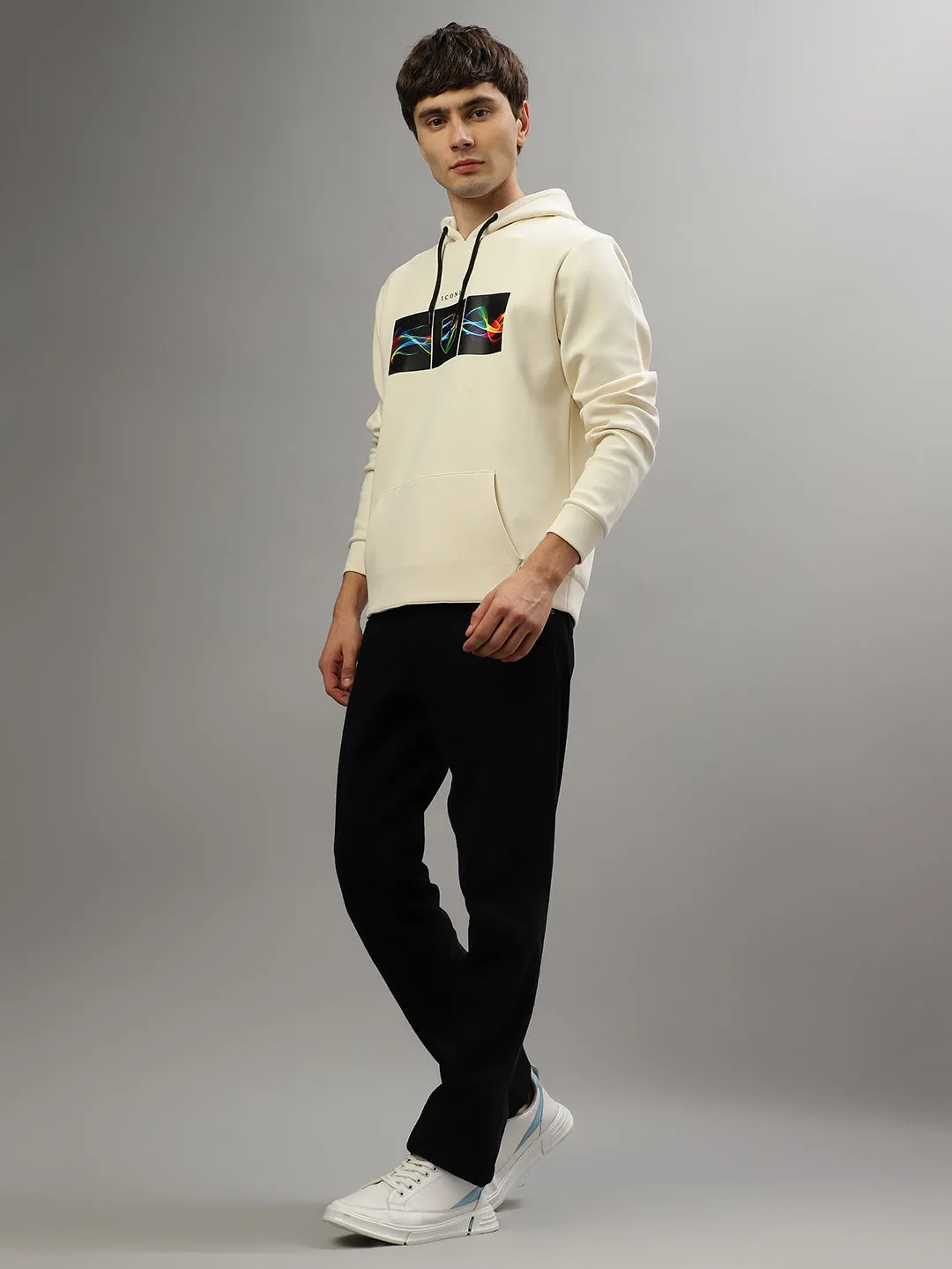 Iconic Men Cream Solid Round Neck Full Sleeves Sweatshirt