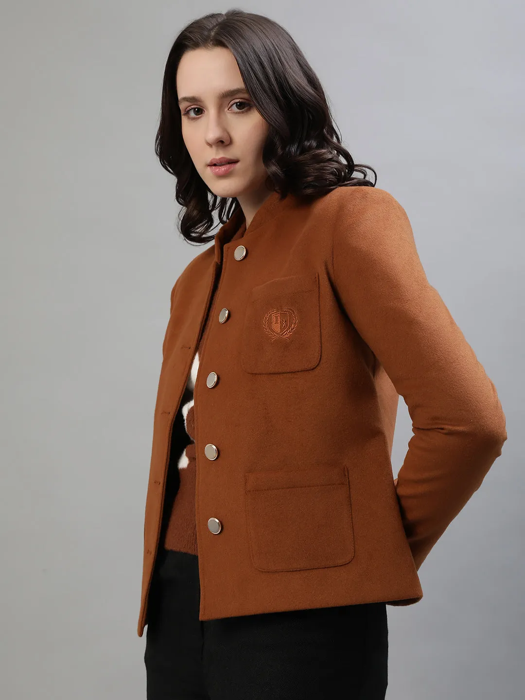 Iconic Women Brown Solid High Neck Full Sleeves Jacket