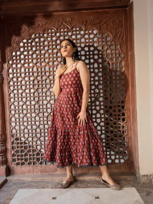 Jashvi Maroon Buti Printed Shoulder Strip Long dress