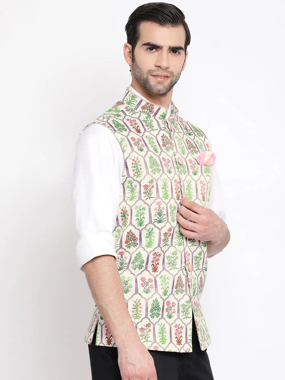 Jashvi Men's Cream Digital Floral Printed Royal Nehru Jacket