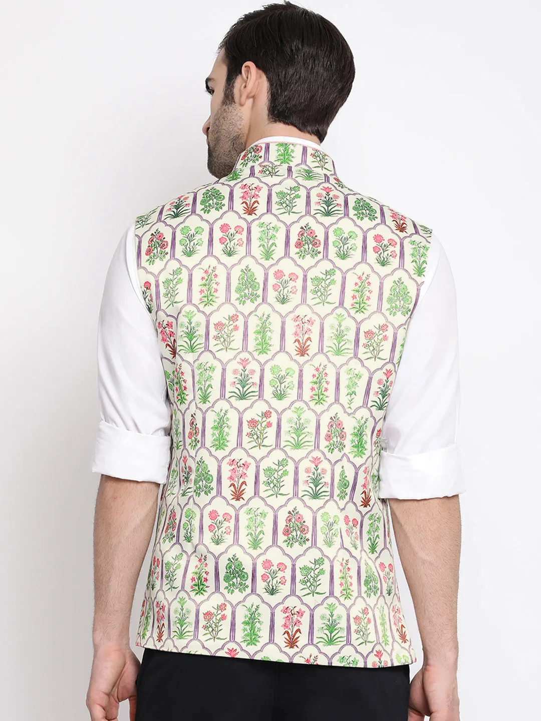 Jashvi Men's Cream Digital Floral Printed Royal Nehru Jacket