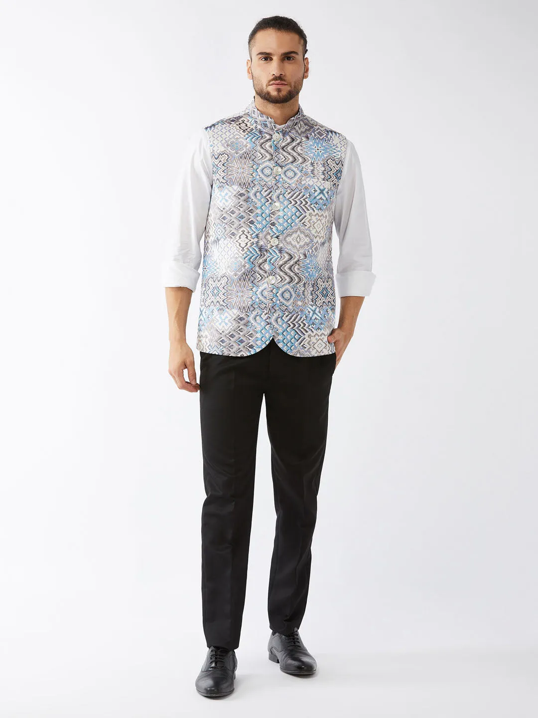 Jashvi Men's White & Blue Printed Satin Slim-Fit Nehru Jacket