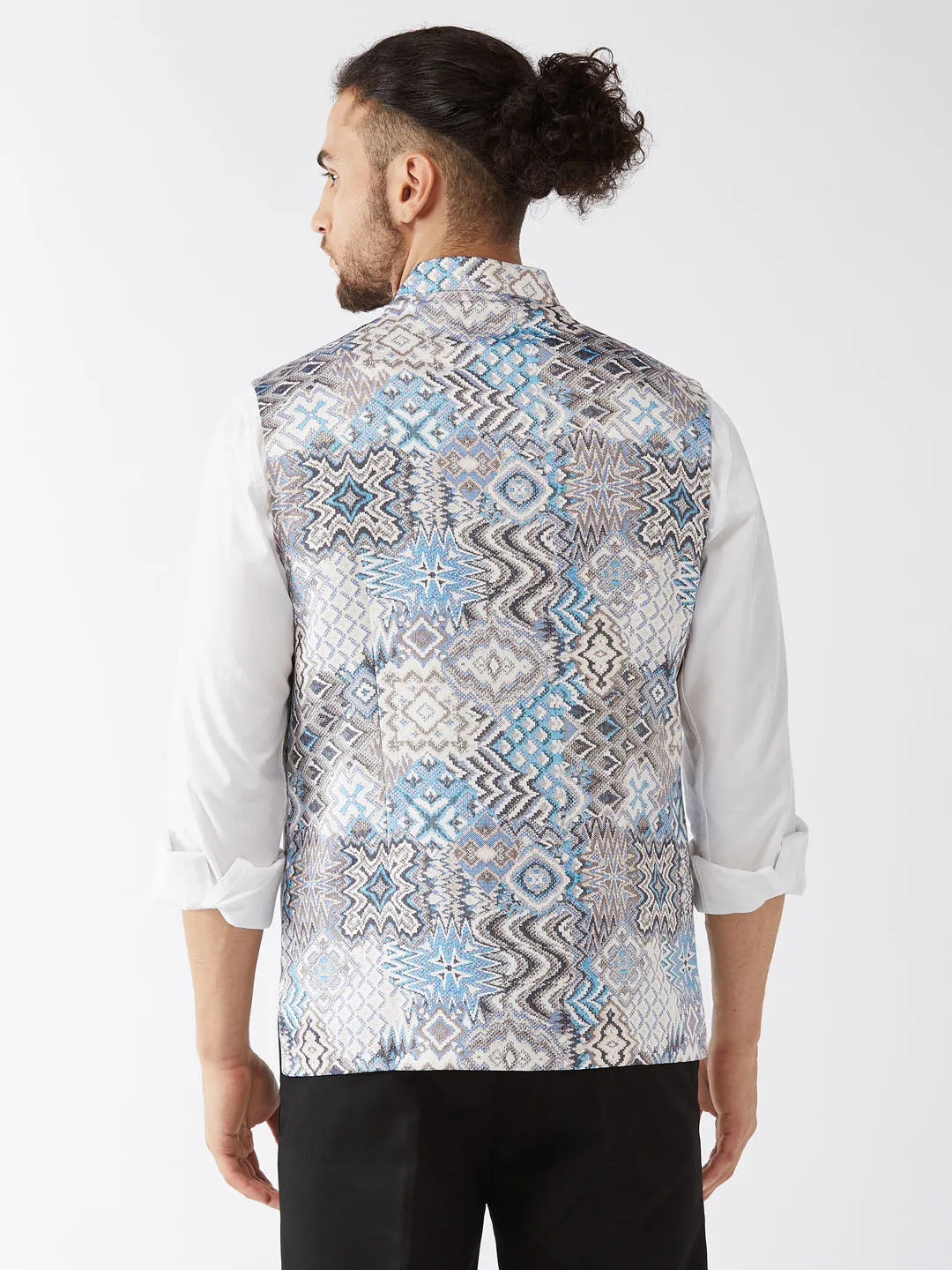 Jashvi Men's White & Blue Printed Satin Slim-Fit Nehru Jacket