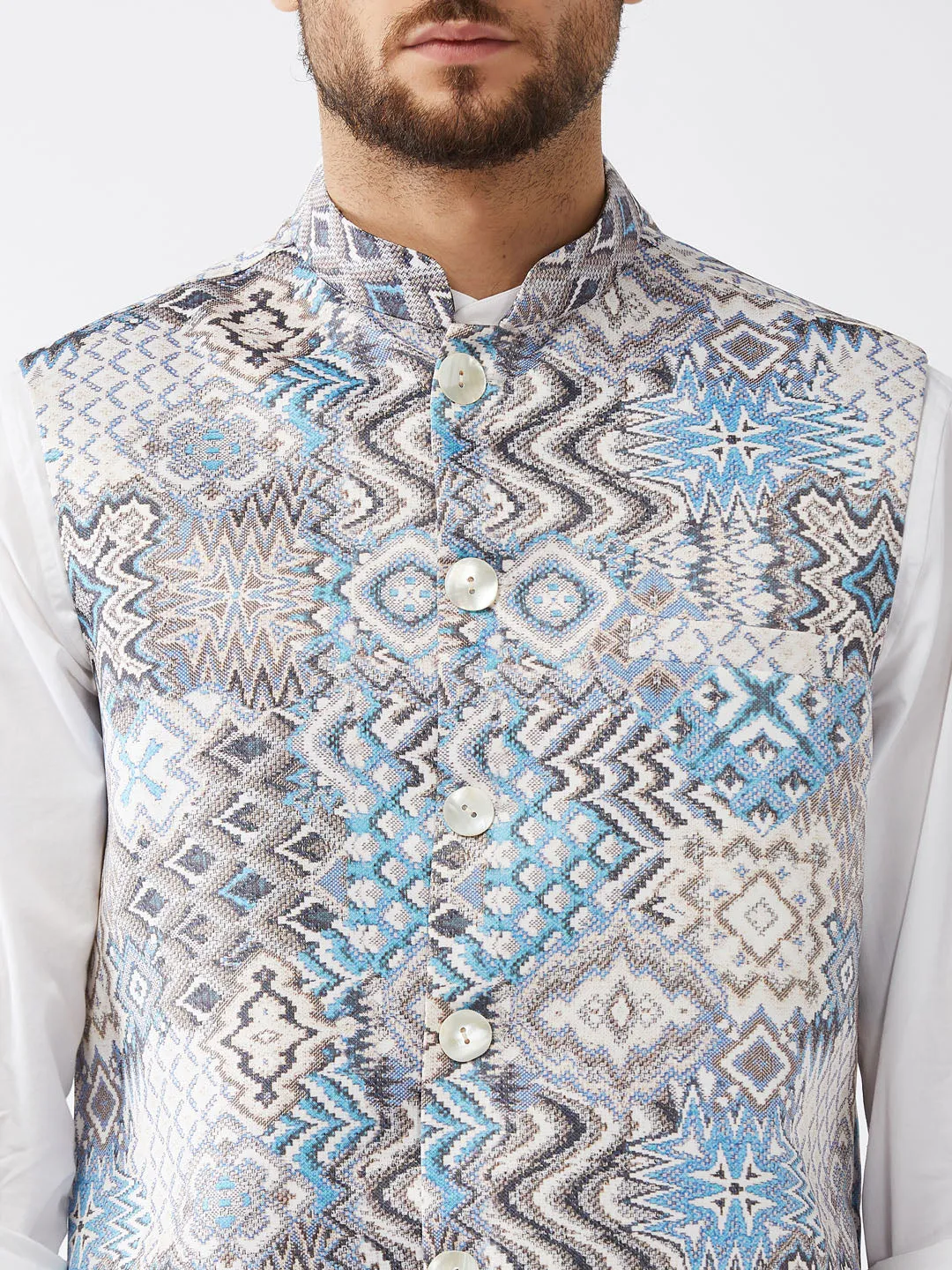 Jashvi Men's White & Blue Printed Satin Slim-Fit Nehru Jacket