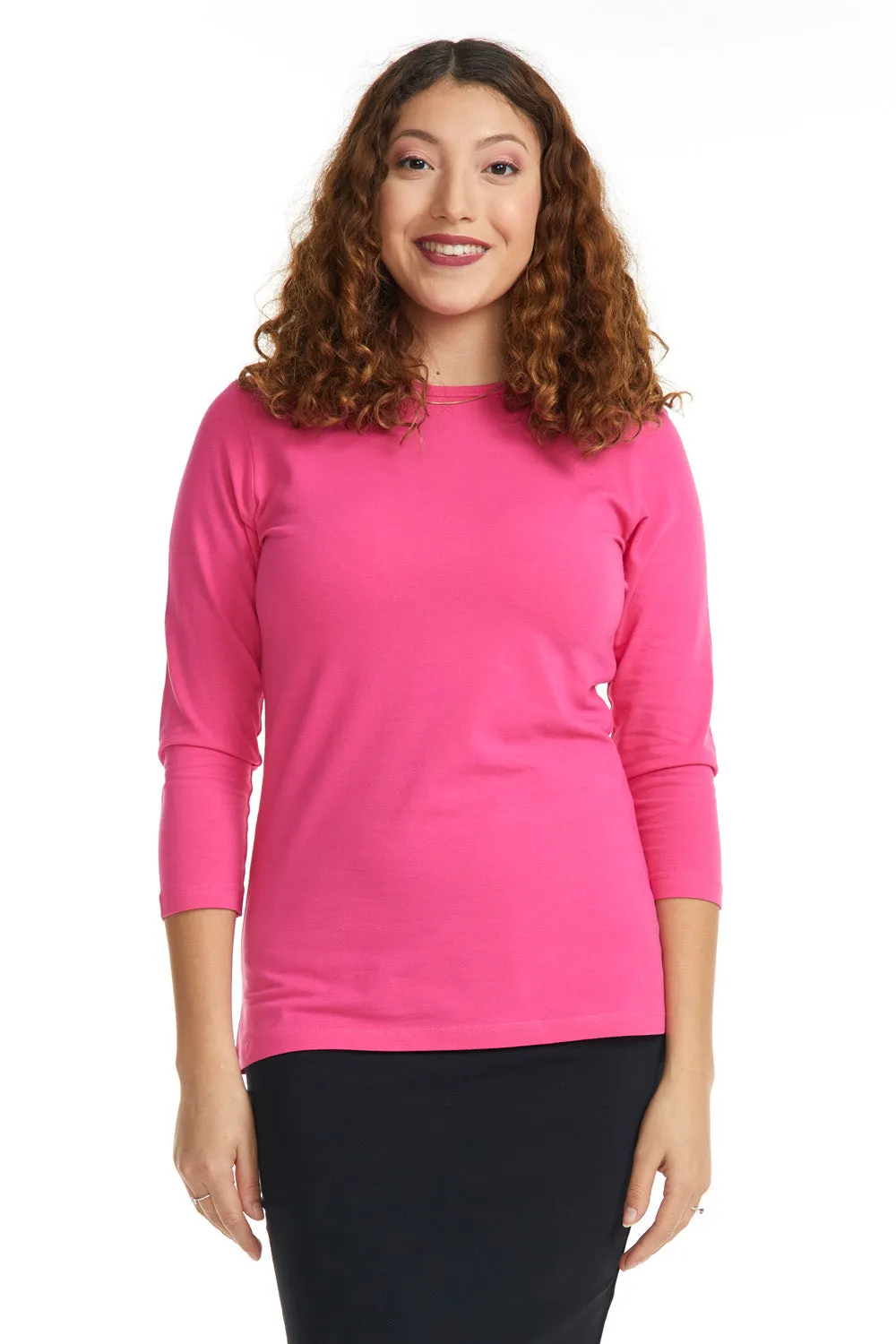 Magenta Pink 3/4 Sleeve Relaxed Fit Cotton Crewneck T-Shirt