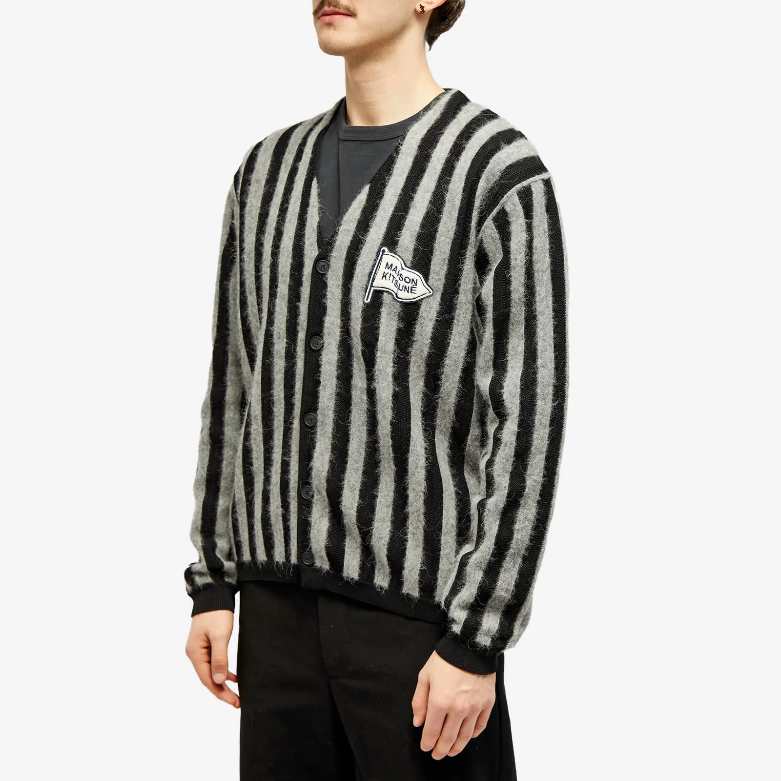 Maison Kitsune Flag Logo Intarsia Stripe Cardigan, Black & Stone