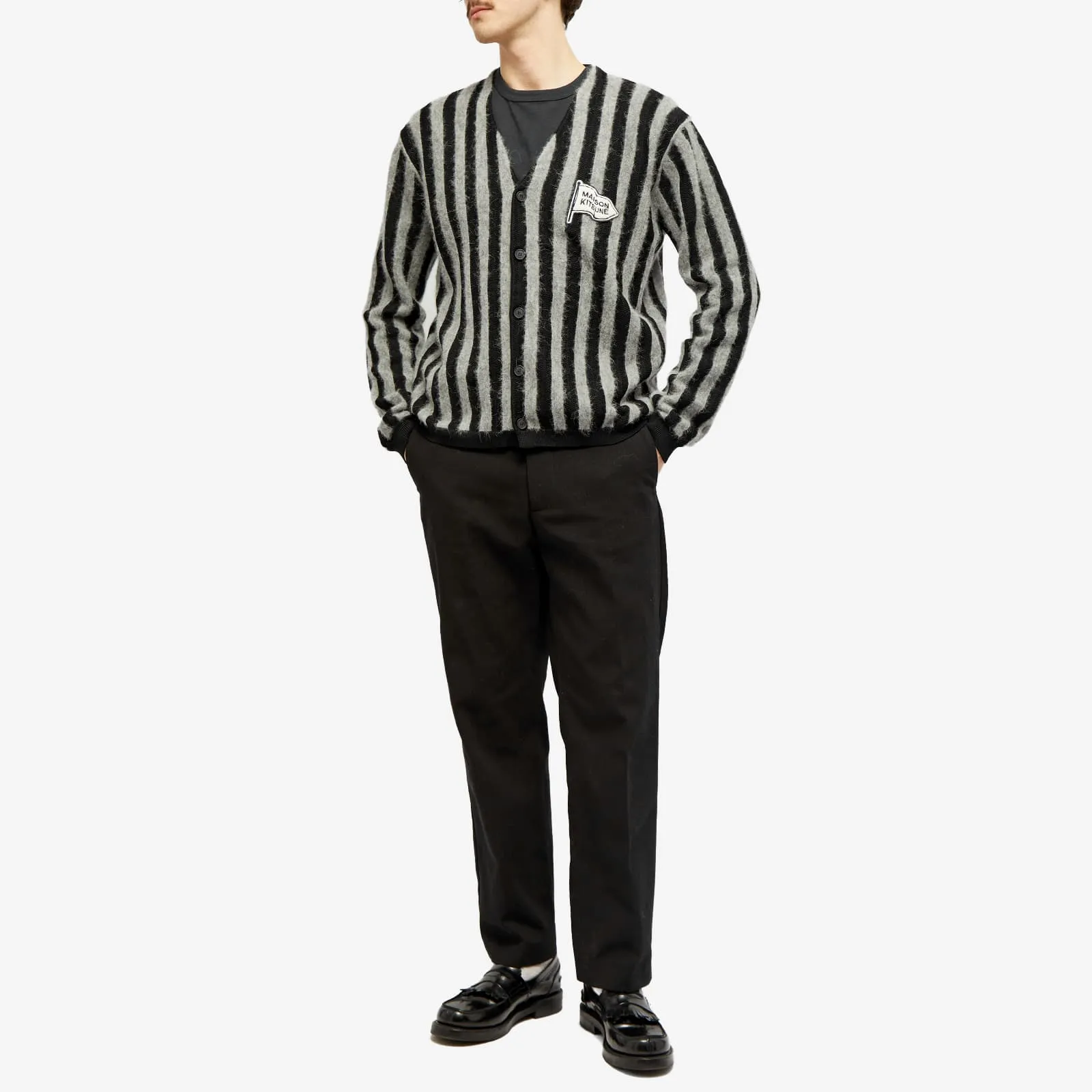 Maison Kitsune Flag Logo Intarsia Stripe Cardigan, Black & Stone