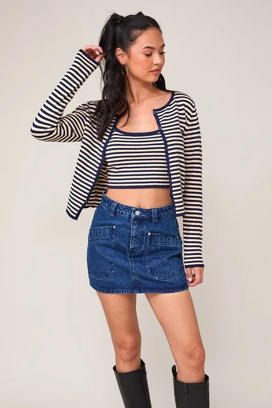 Megan Striped Print Cami And Cardigan Set Navy