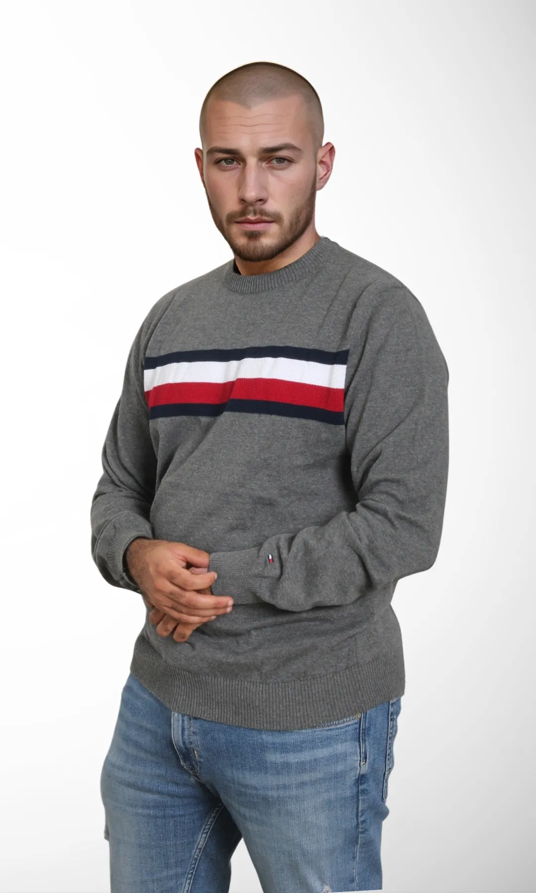 Men Sweater Stripe Crew Neck (Grey)