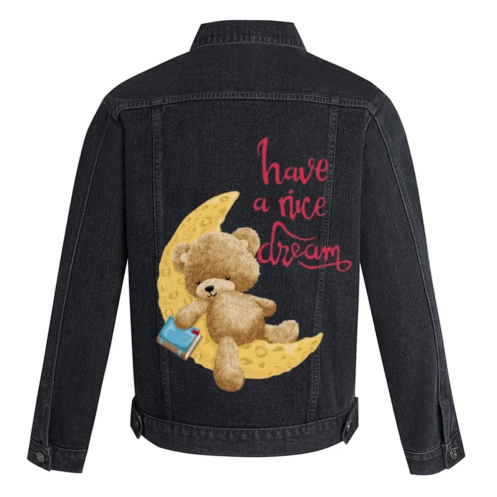 Mens Vintage Cartoon Cute Bear Have A Nice Dream Prints Denim Jacket