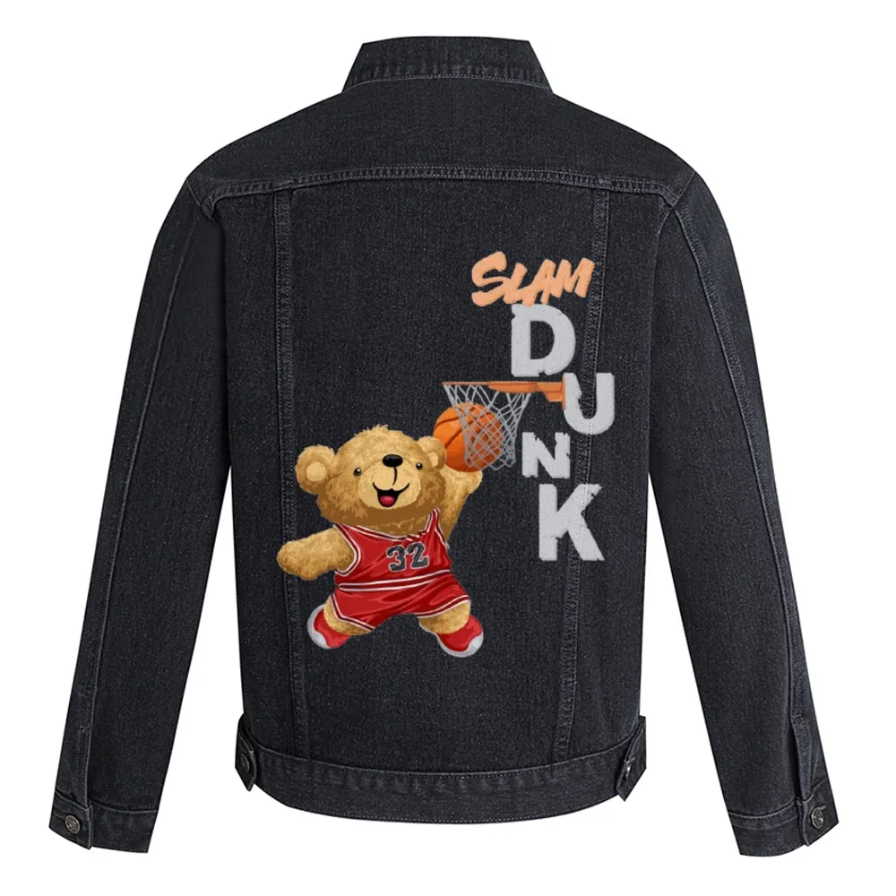 Mens Vintage Cartoon Cute Bear Prints Slam Dunk Denim Jacket