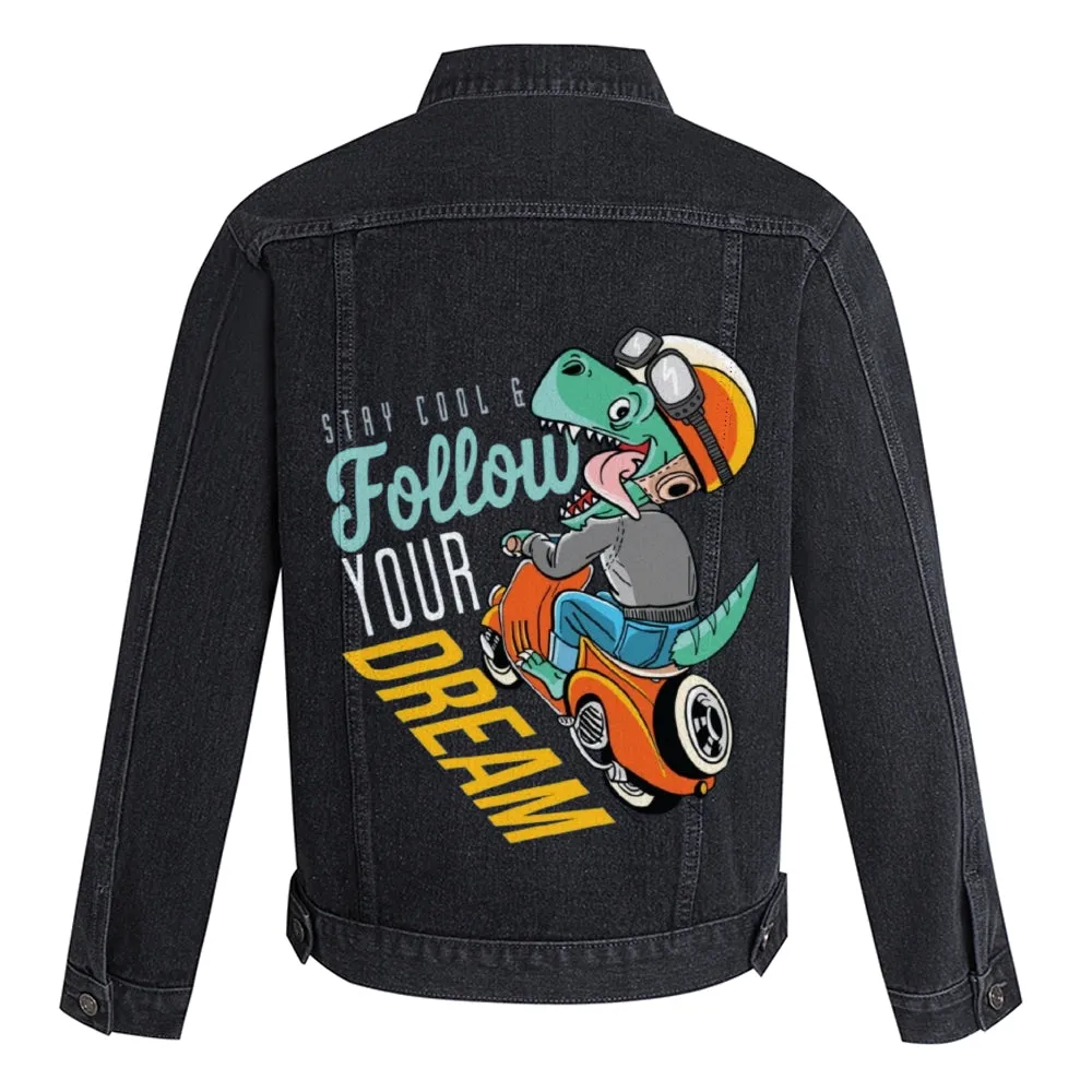 Mens Vintage Cartoon Prints Follow Your Dream Denim Jacket