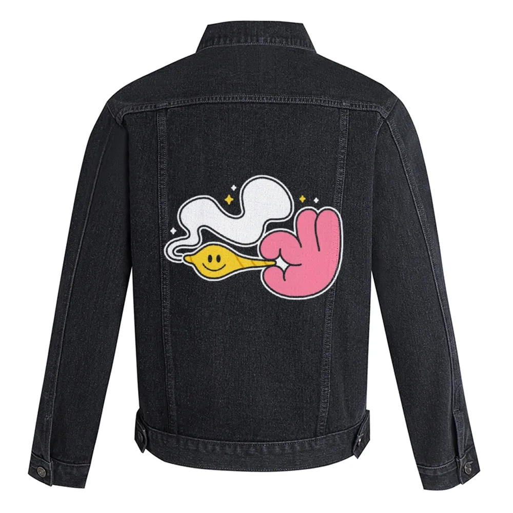 Mens Vintage Cartoon Prints Smoking Denim Jacket