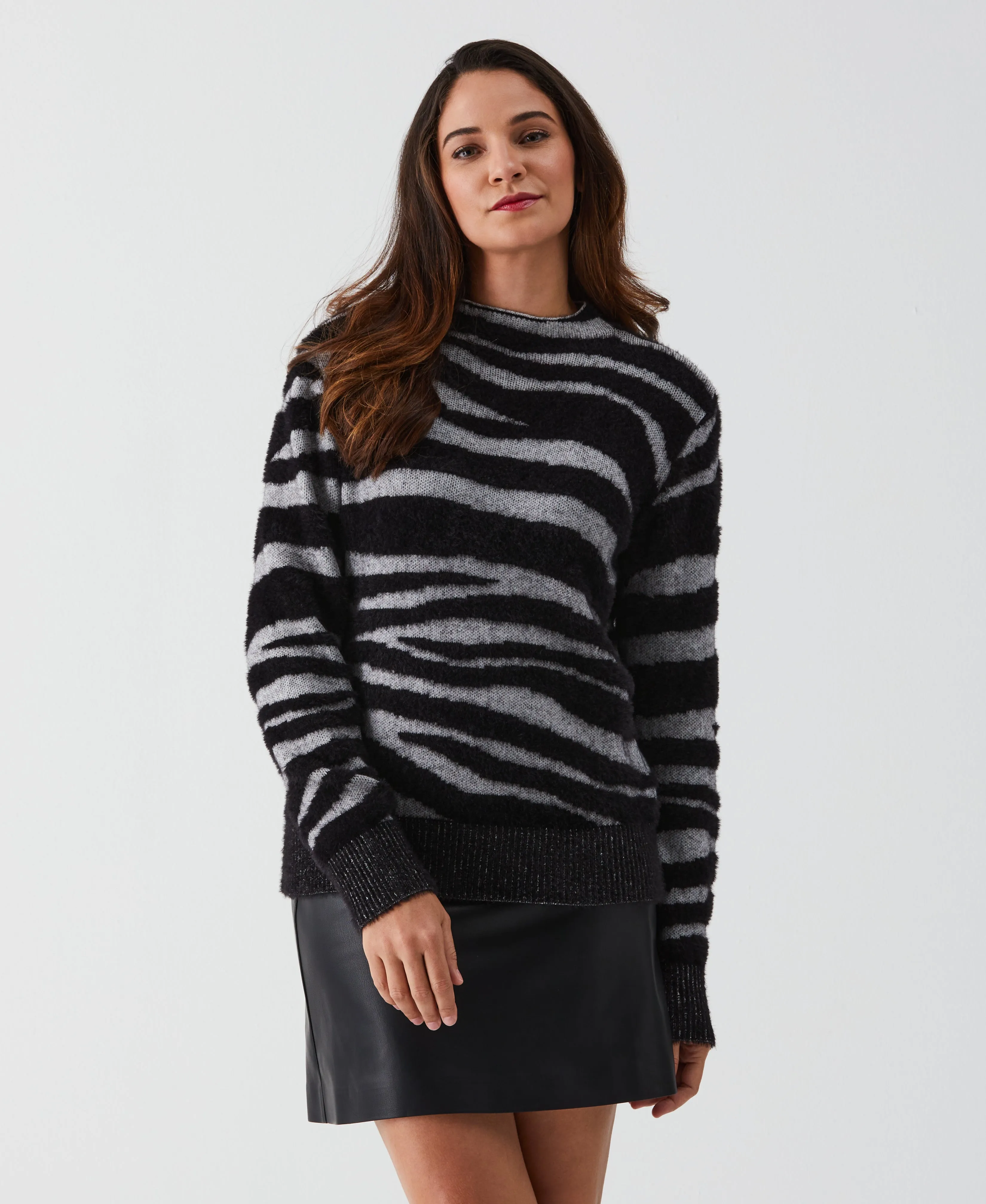 Petite Zebra Print Faux Hair Mock Neck Sweater