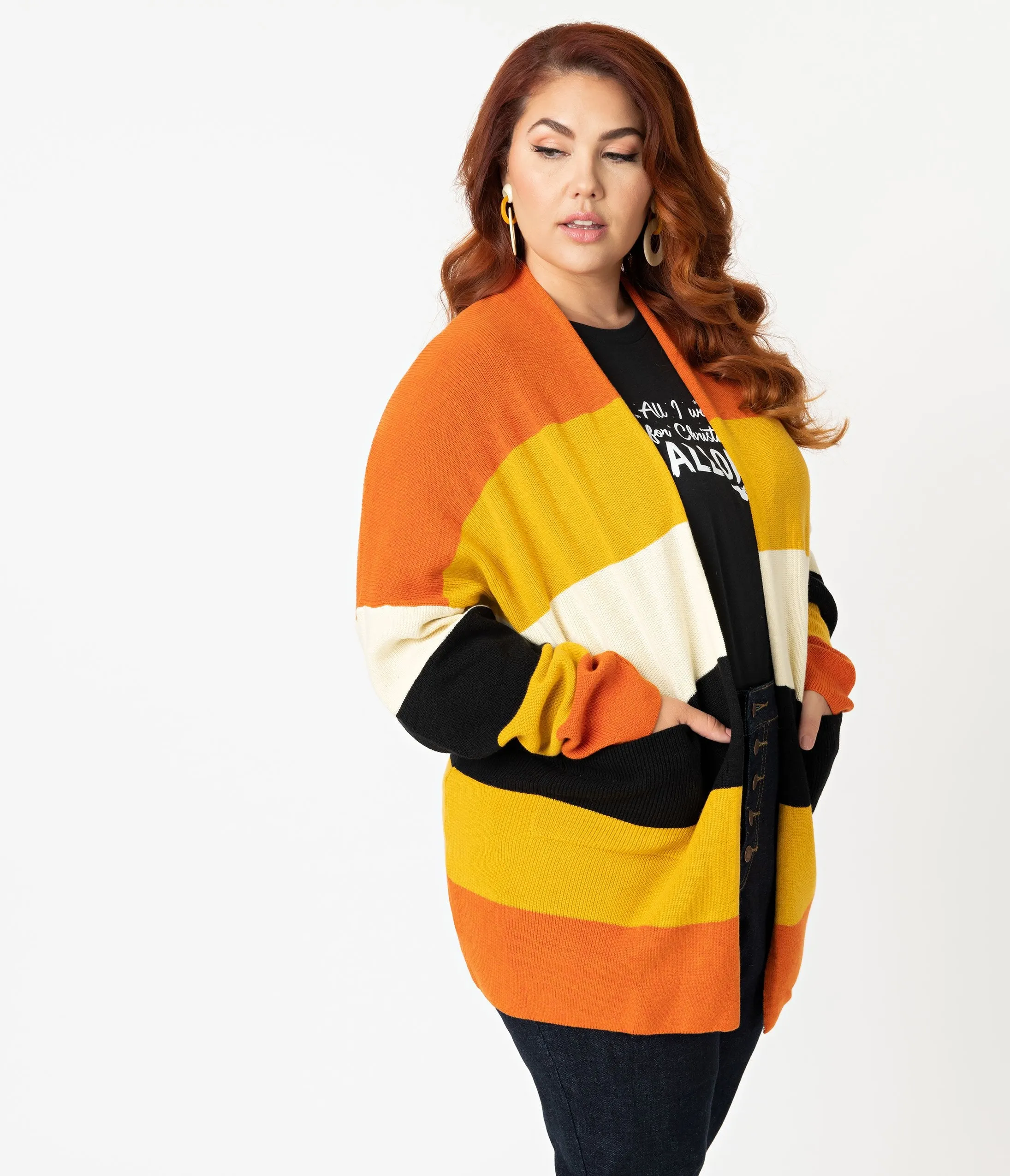 Plus Size Fall Stripe Open Cotton Knit Cardigan