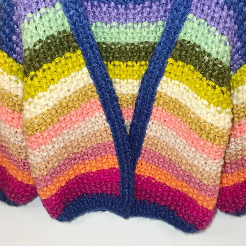 Pre Order:  Handmade Rainbow Striped Crocheted Thick Cardigan