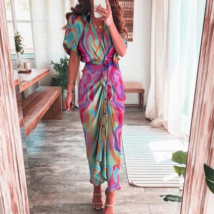 Printed Shirt Dress with Waist Tie | Vintage Bandage Long Robe