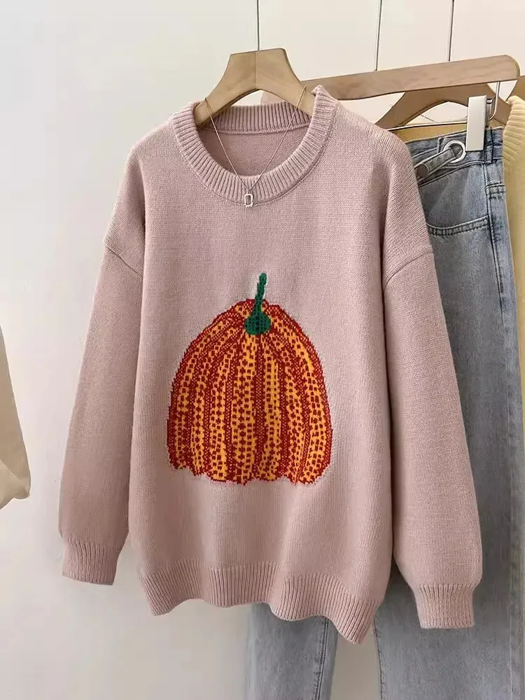 Pumpkin Pattern Sweater Women Knit Top Loose Long Sleeves Warm Autumn Winter Streetwear Fashion Girl Pullover C-279