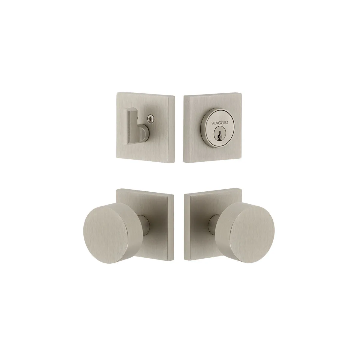 Quadrato Rosette Entry Set with Circolo Knob in Satin Nickel