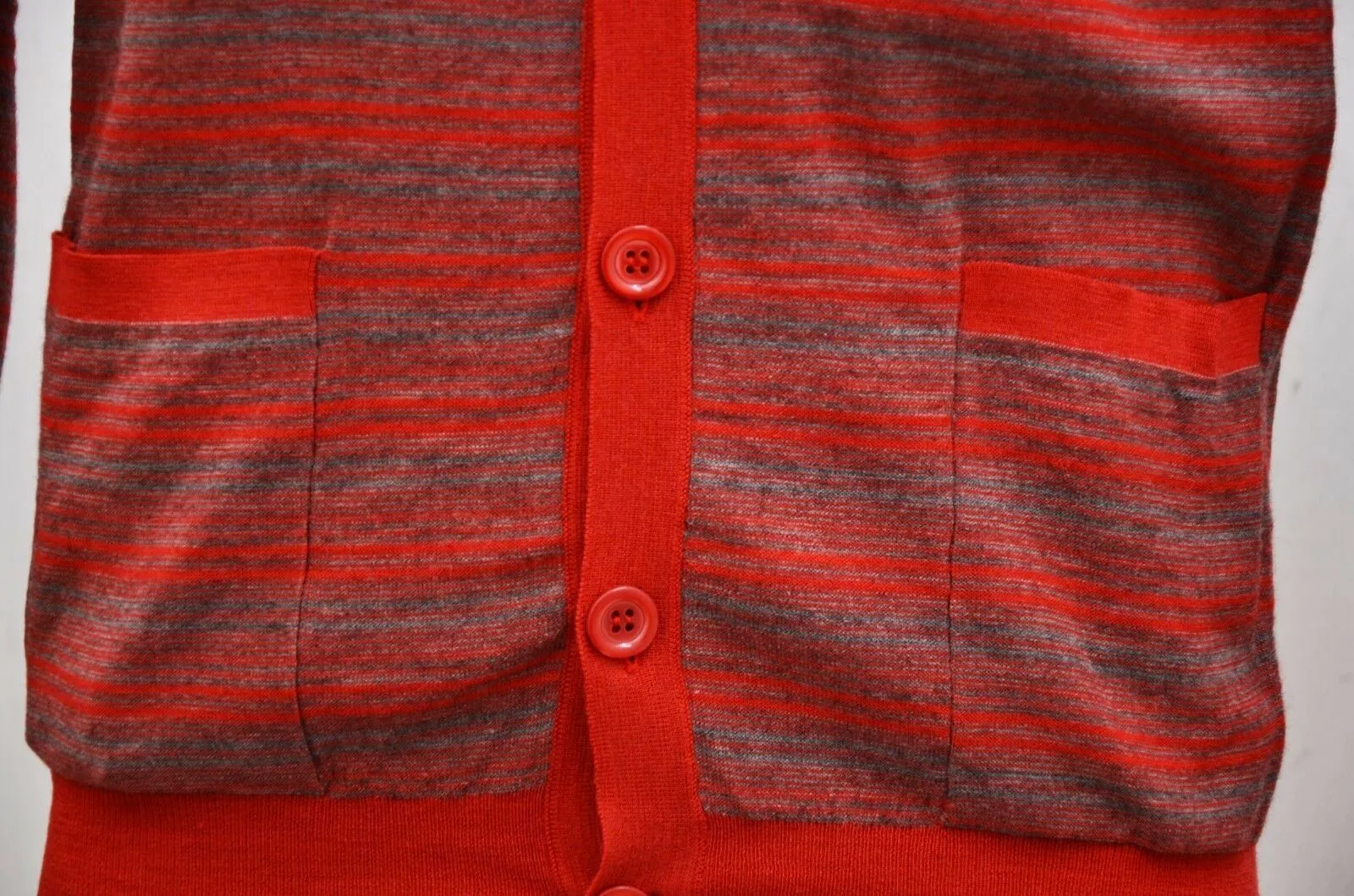 Red & Grey Striped Wool Cardigan Jumper