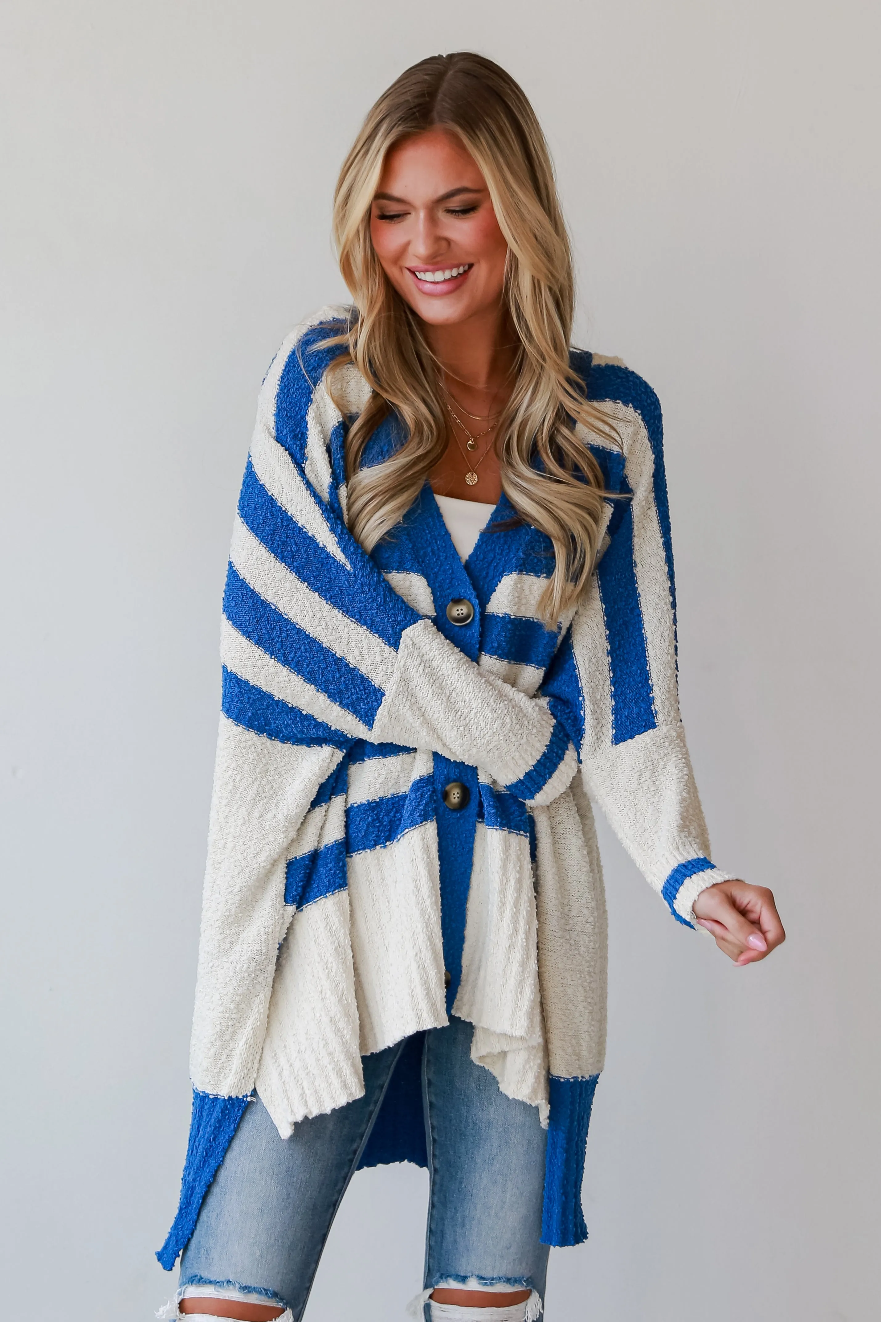 Seasonal Aesthetic Blue Oversized Striped Cardigan