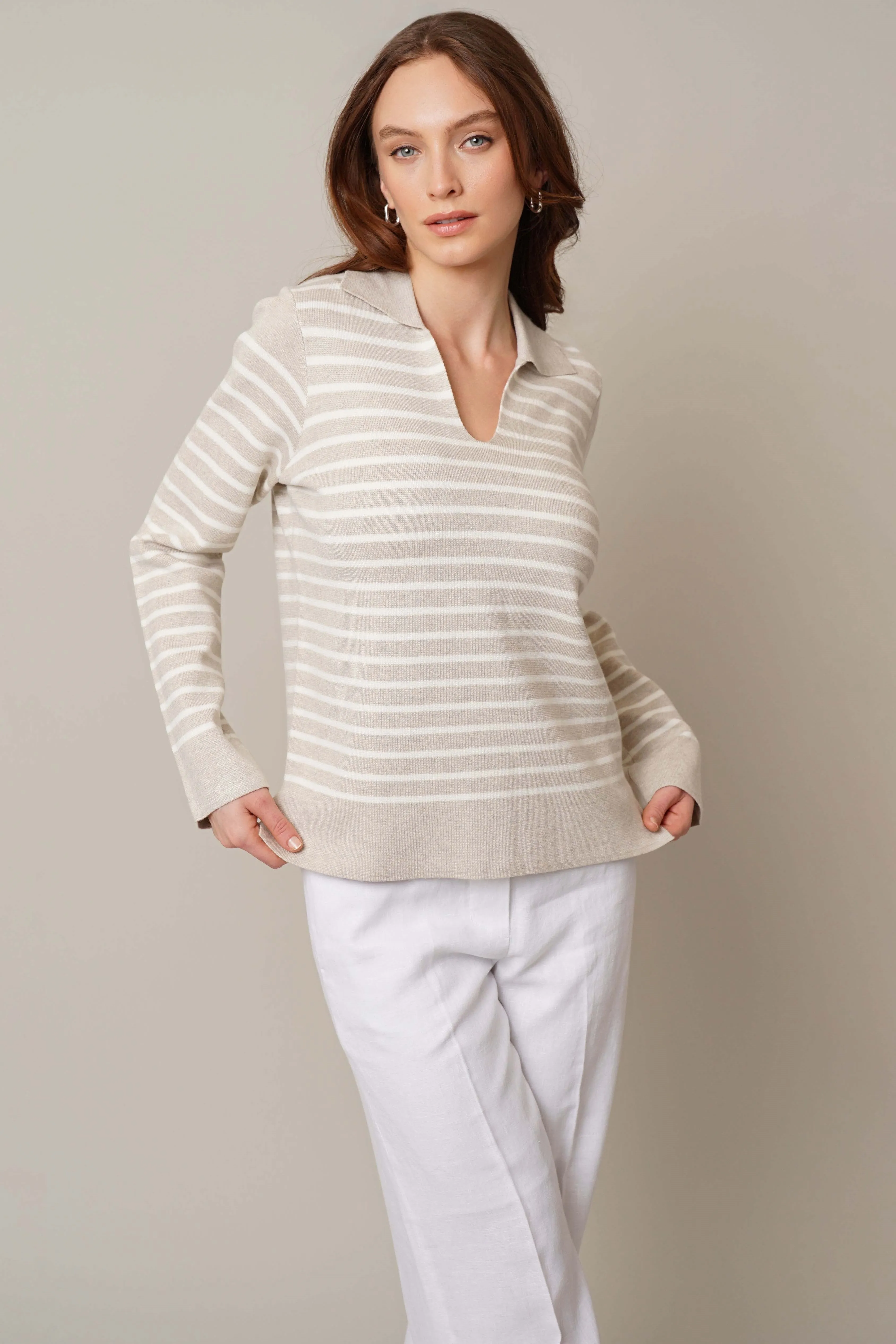 Split Neck Striped Pullover