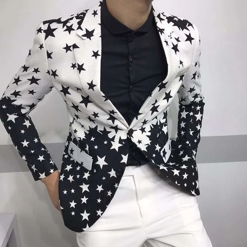 Star Black White Print Slim Fit Casual Style Men Blazer