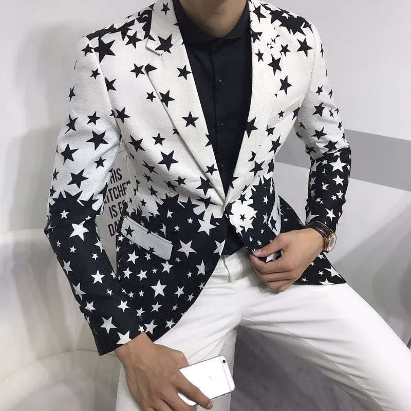 Star Black White Print Slim Fit Casual Style Men Blazer