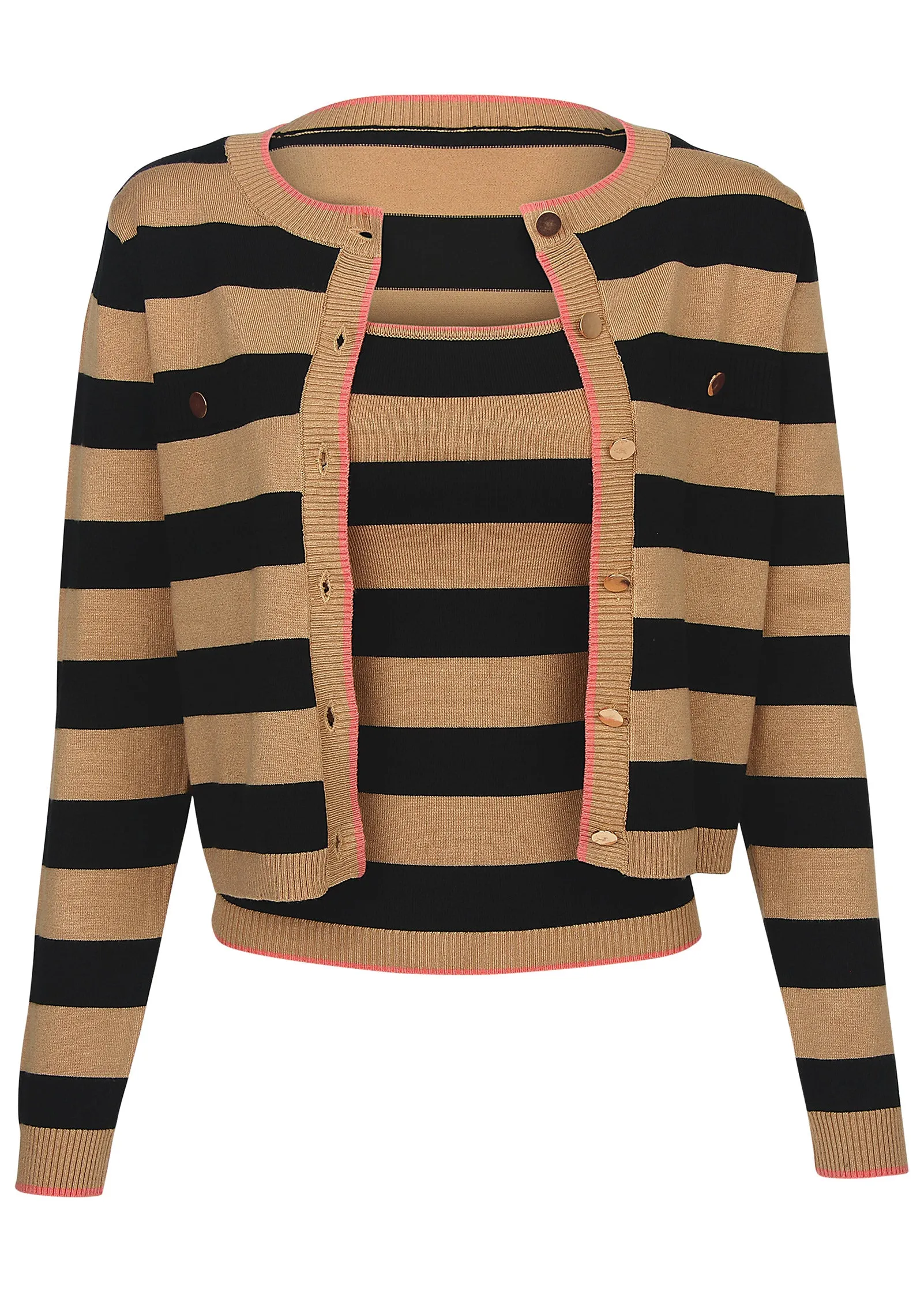 Stripe Cardigan Set - Black & Tan