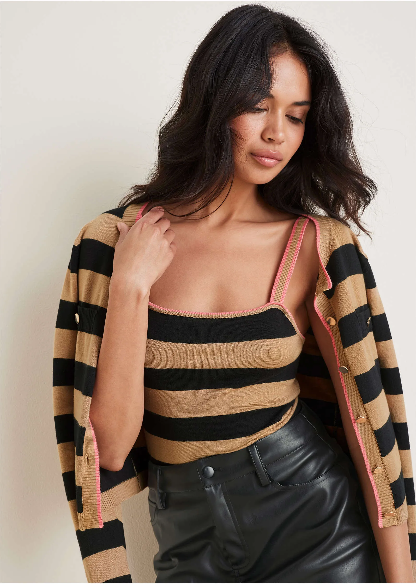 Stripe Cardigan Set - Black & Tan