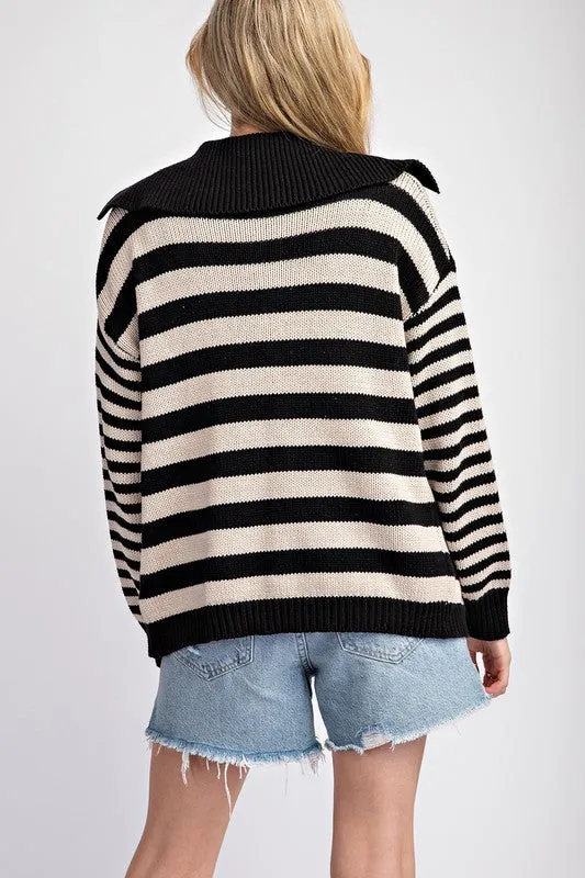 Striped Collared Cardigan - Black