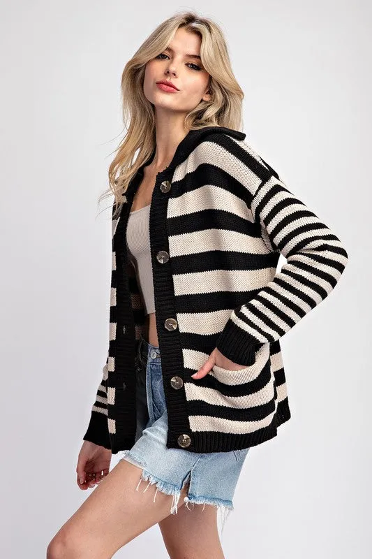 Striped Collared Cardigan - Black