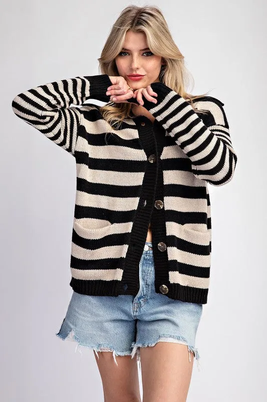 Striped Collared Cardigan - Black