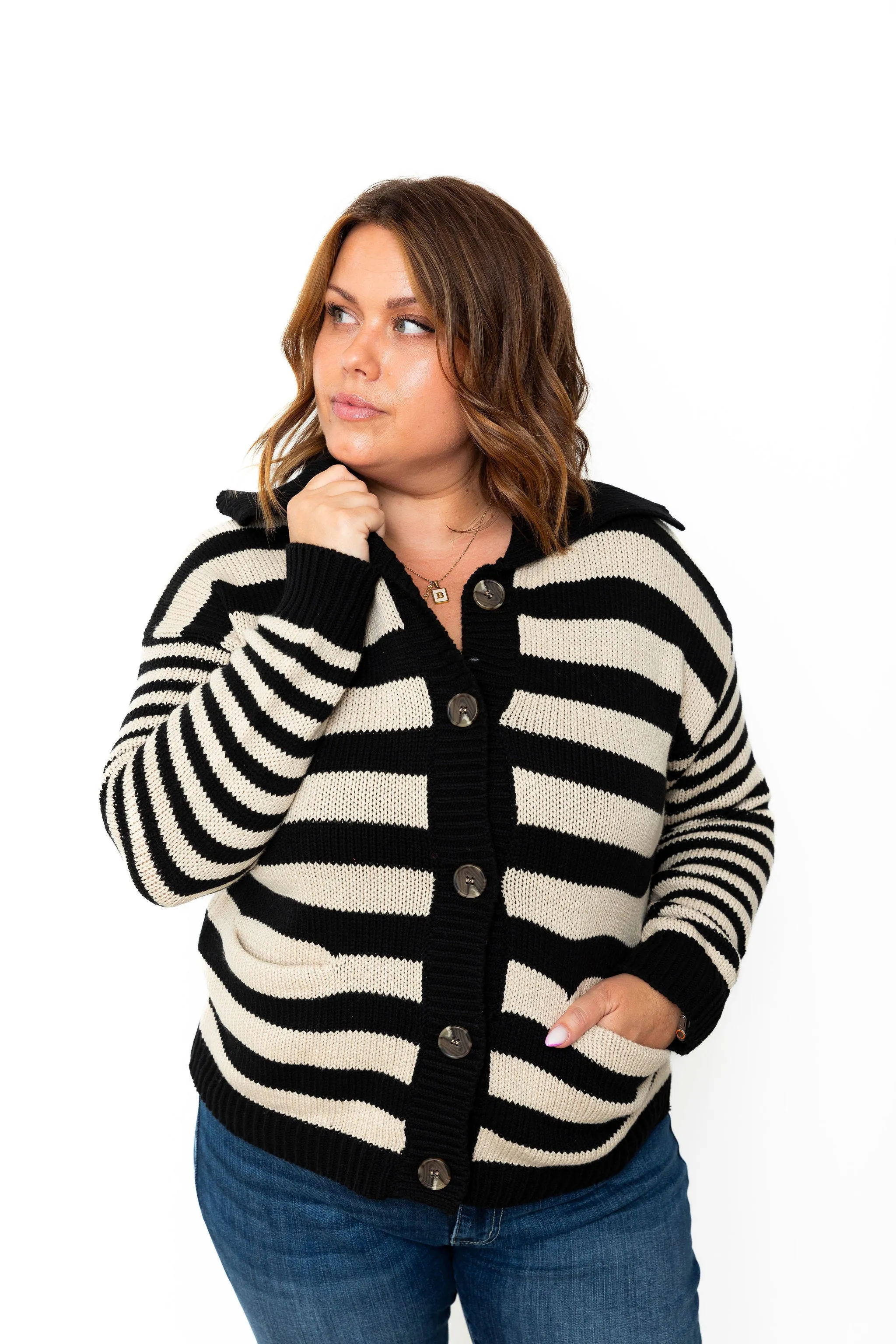 Striped Collared Cardigan - Black