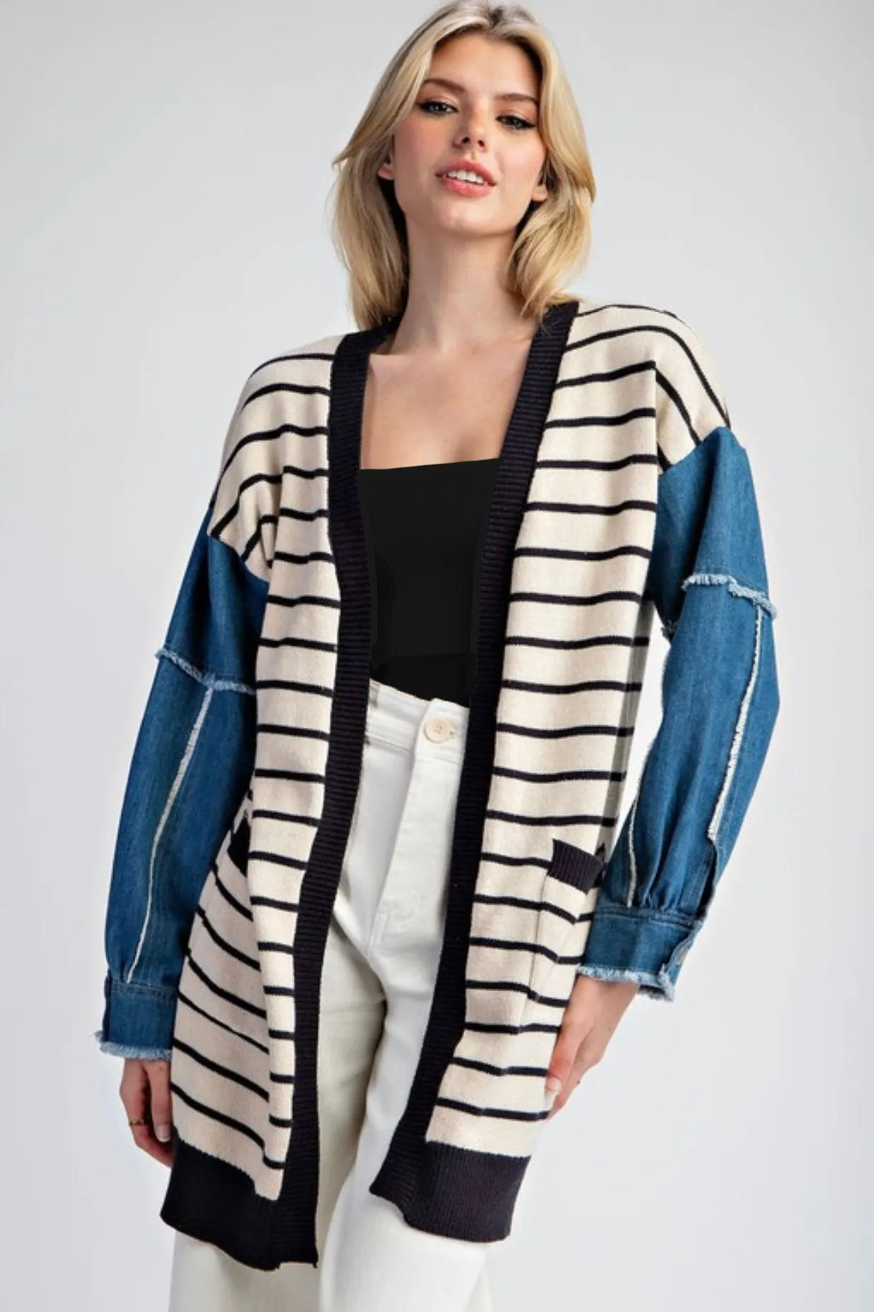 Striped Denim Sleeve Pocket Cardigan