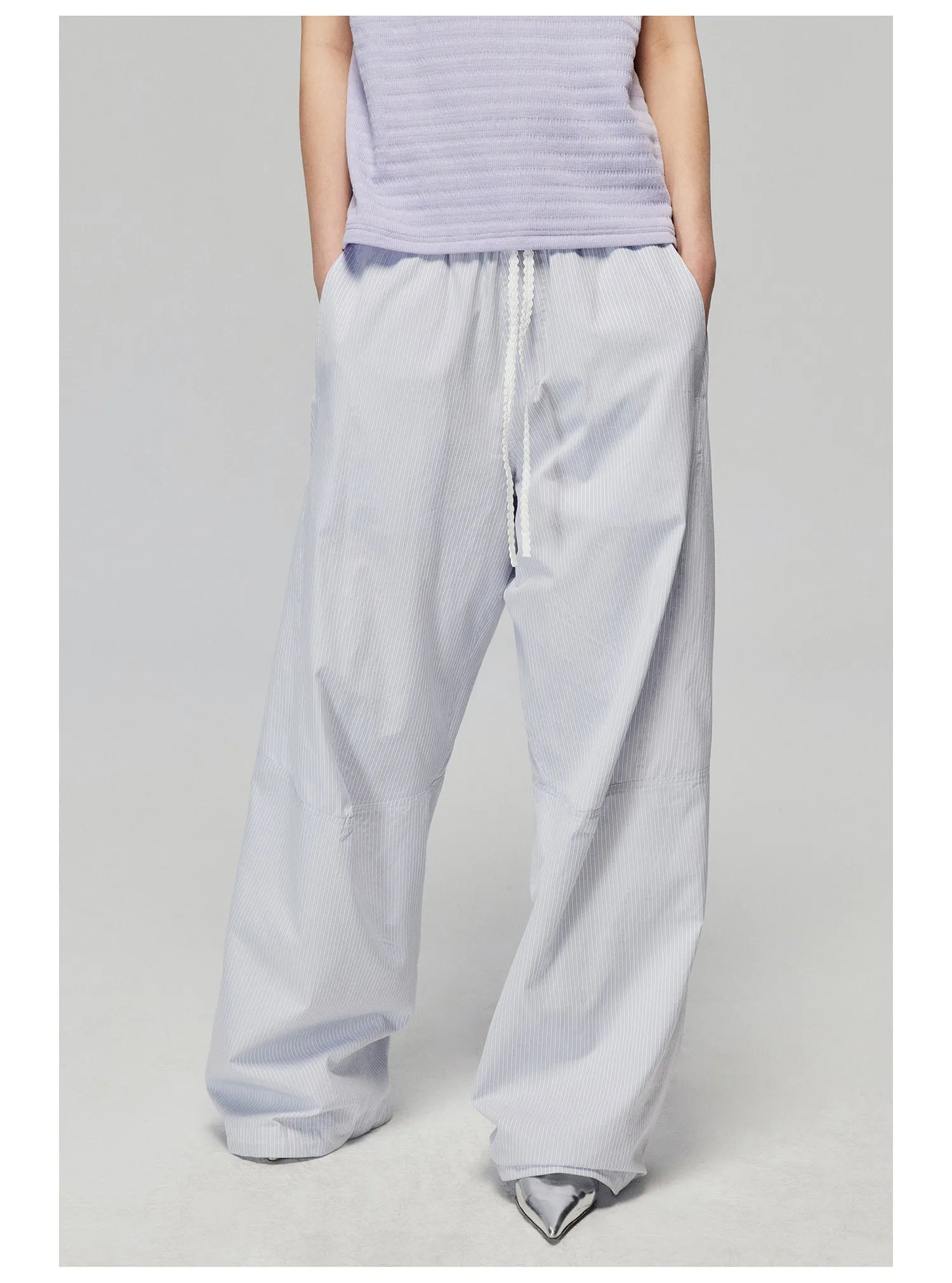 Striped Fabric Elastic Wide Leg Casual Pants